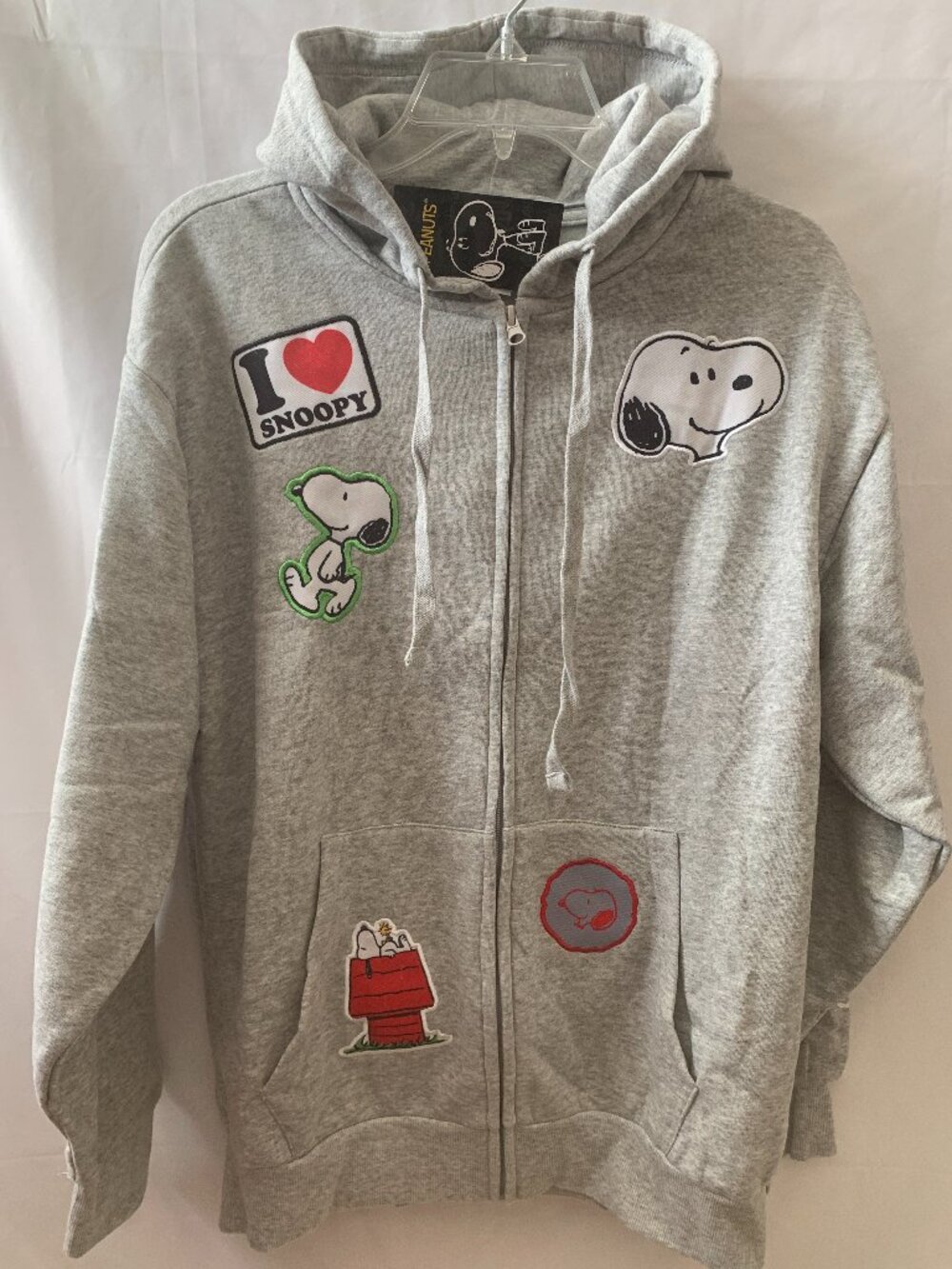 PEANUTS Snoopy Embroidered Patches Full Zip Hoodie Sweater Sz MEDIUM
